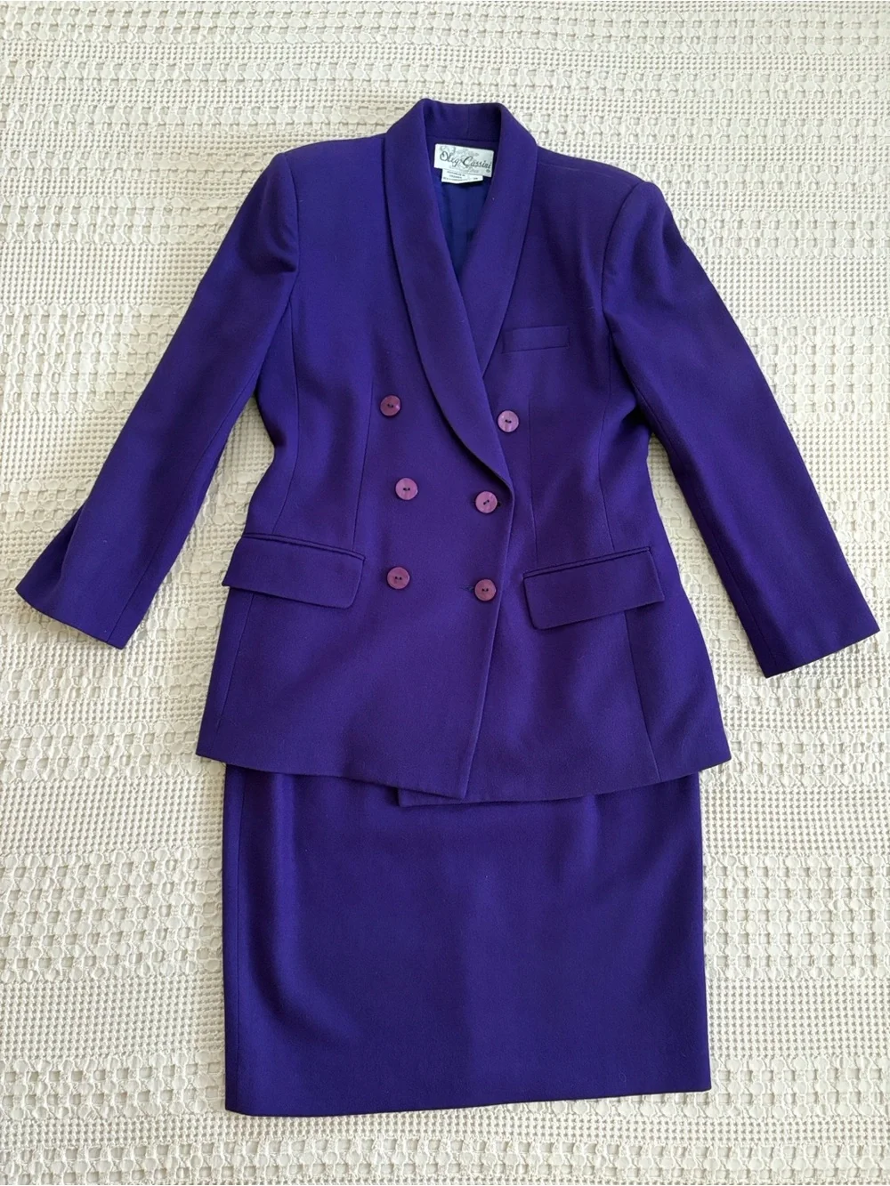 VTG 1980s Oleg Cassini Wool Purple Power Suit Double-Breasted Blazer & Skirt Set